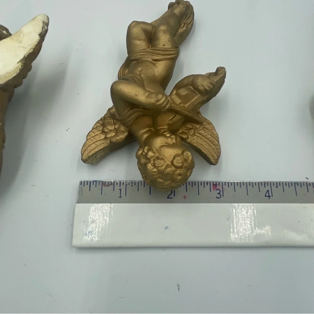 Vintage Chalk ware Gold Angel Wall Decor Set of 3. Some peeled paint. Head sunk.